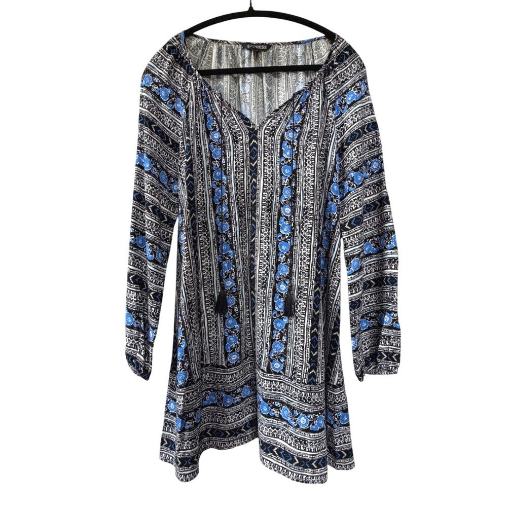 Express Blue Black Floral Tribal Print Boho Tassel‎ Tie Mini Dress Small S/P